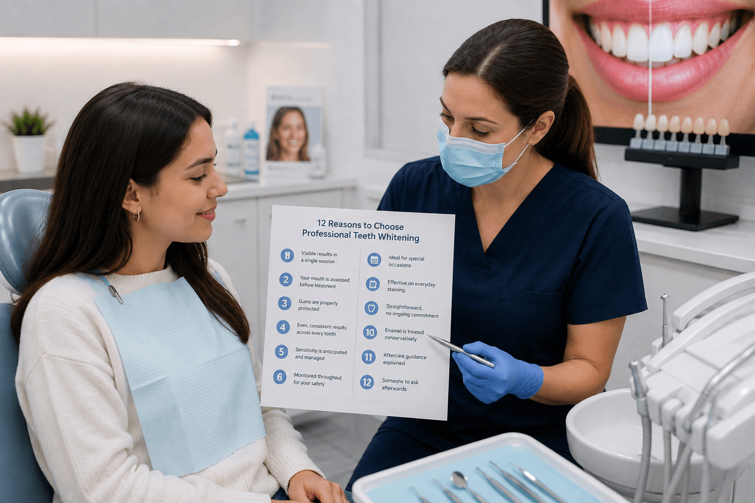 Twelve key benefits of professional Teeth Whitening treatment showing advantages over home alternatives including visible results, expert assessment, gum protection