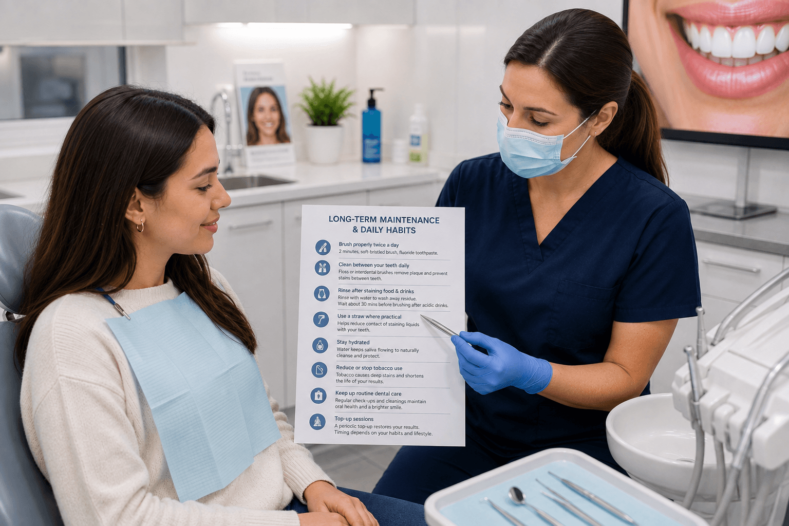 Long-term Teeth Whitening maintenance guide showing daily habits, oral care routine, diet recommendations, and aftercare tips for lasting results