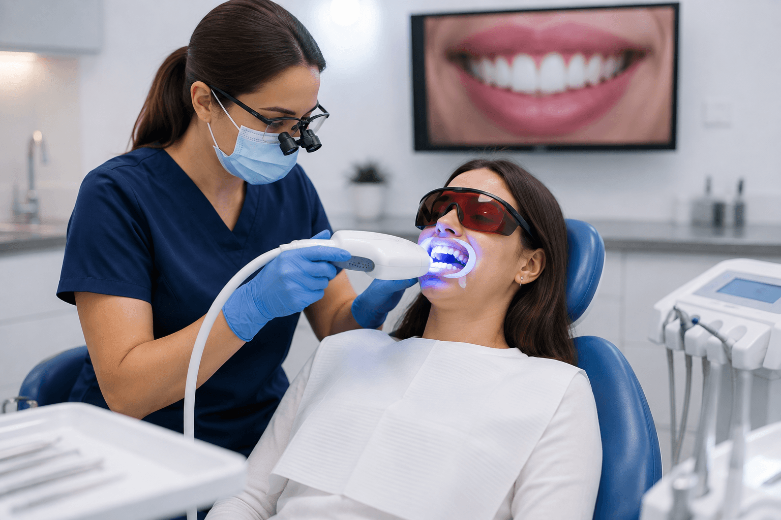 Professional dental office setting showing dentist performing Teeth Whitening treatment with LED technology and protective equipment on patient