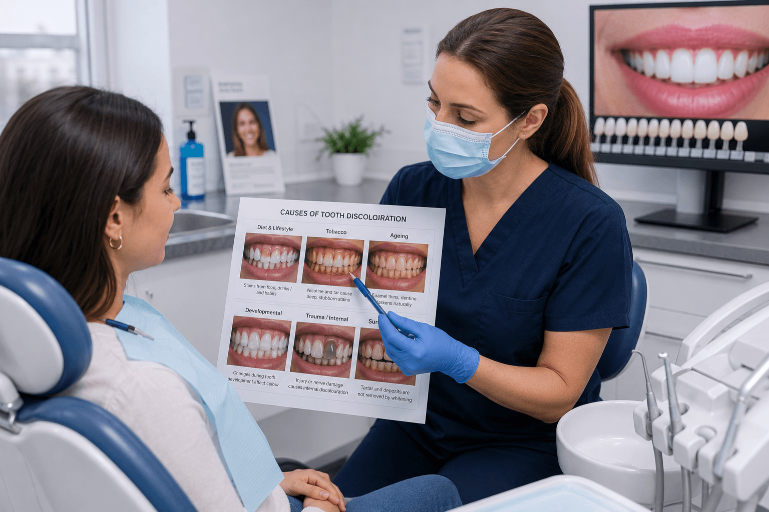 Causes of tooth discoloration comparison chart showing effects of diet, tobacco, aging, and developmental factors on natural tooth color