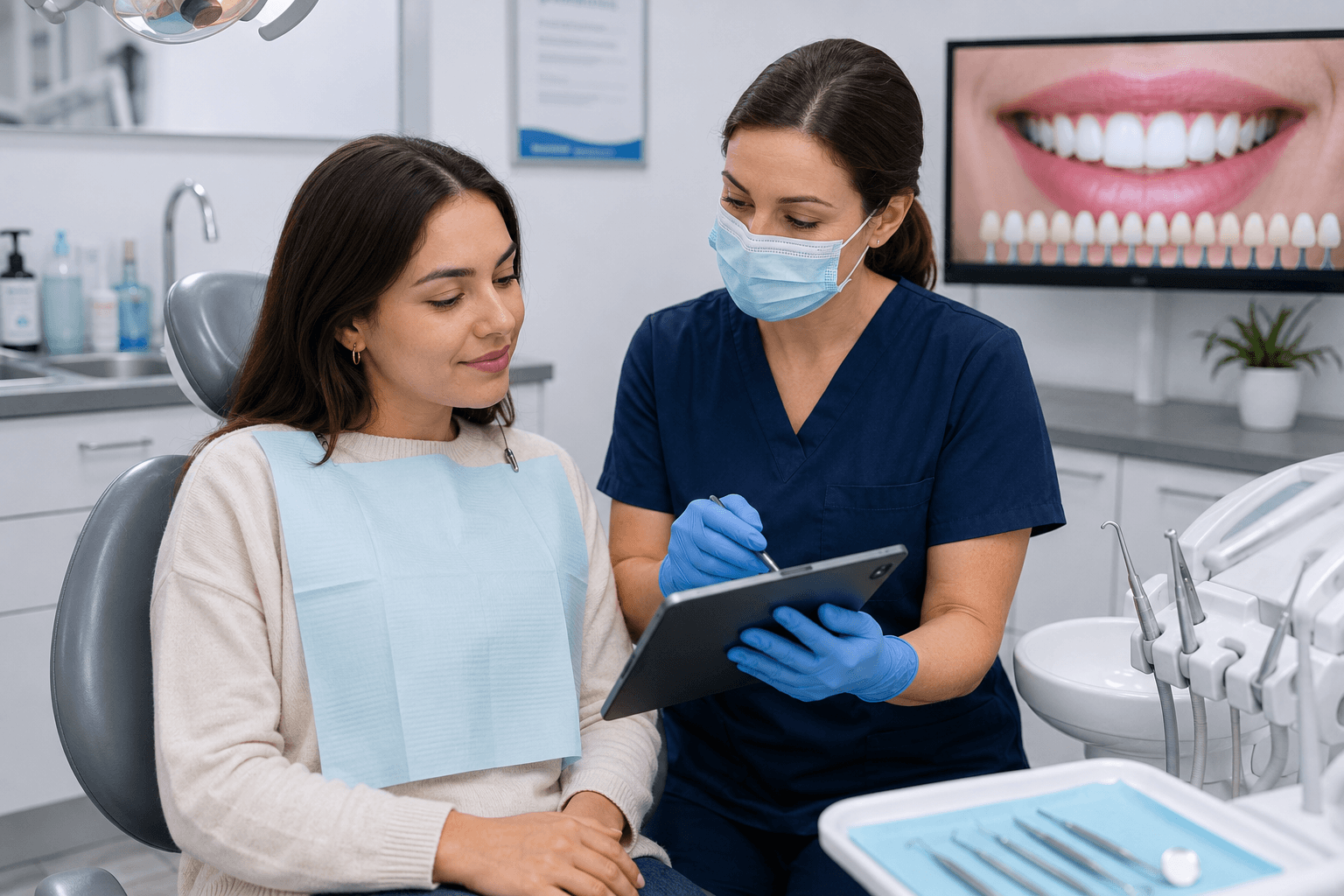 Dentist performing professional Teeth Whitening treatment with protective barriers, gum protection, and LED whitening technology on patient in dental chair